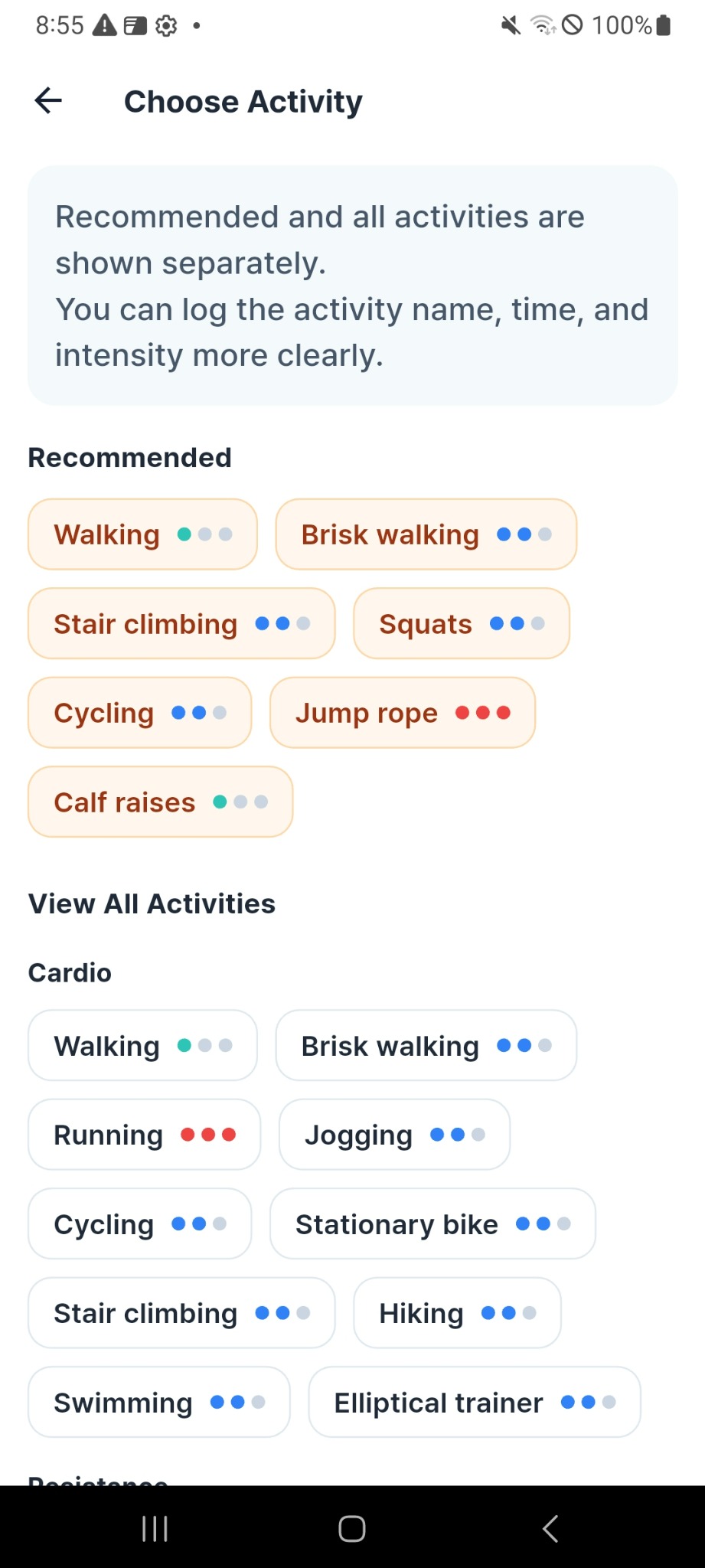 Activities screen