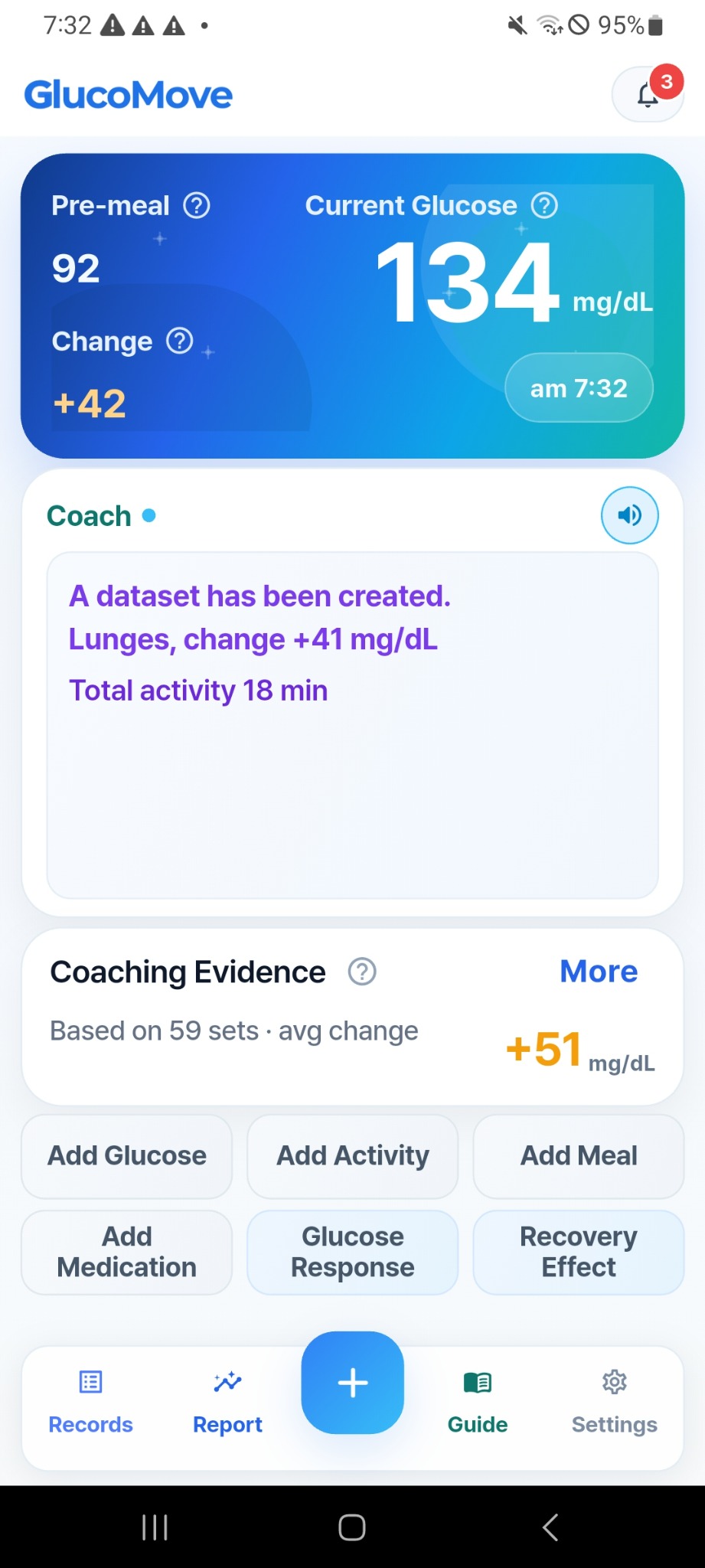 Coaching evidence screen in GlucoMove