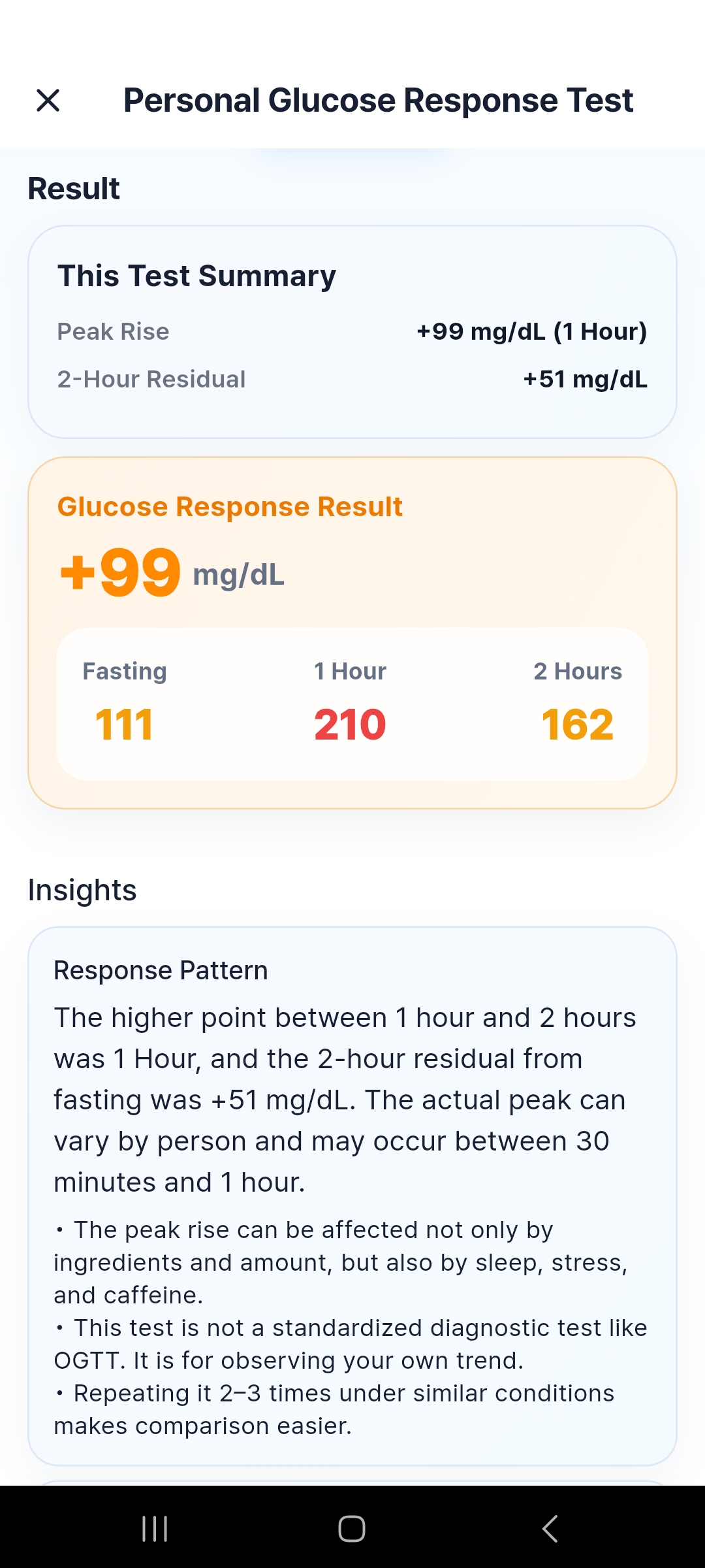 Personal Glucose Response Summary screen